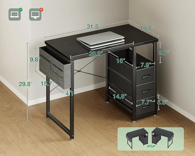 AODK 32 Inch Small Computer Desk with Fabric Drawers, Black | Mini Desk with Storage Shelf & Bag, Kids Study Desk for Bedroom, Home Office Desk for Small Space