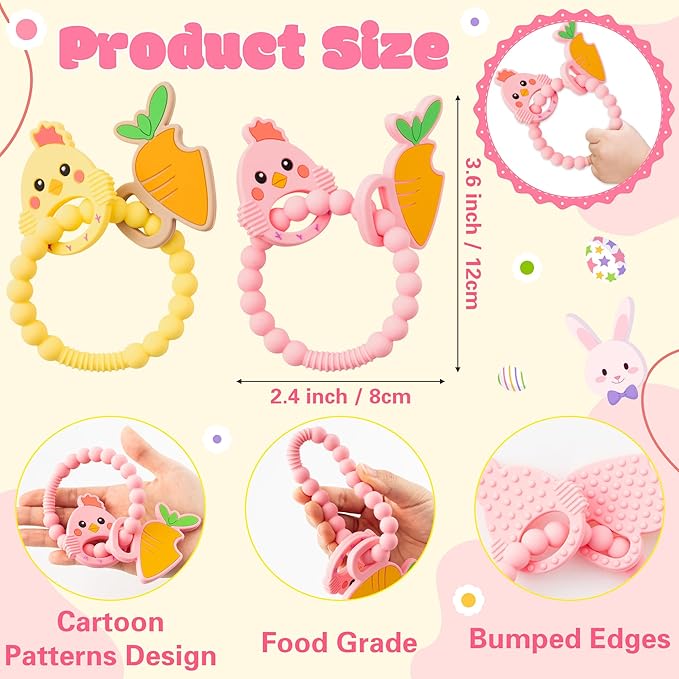 Silicone Teether Toys for Babies - 2ooya 2Pcs Easter Pink Yellow Carrot Chick Teething Ring Infant Soft Teethers, Toddler Teething Chew Toys for Newborn Boy and Girl Easter Baby Shower Birthday Gifts