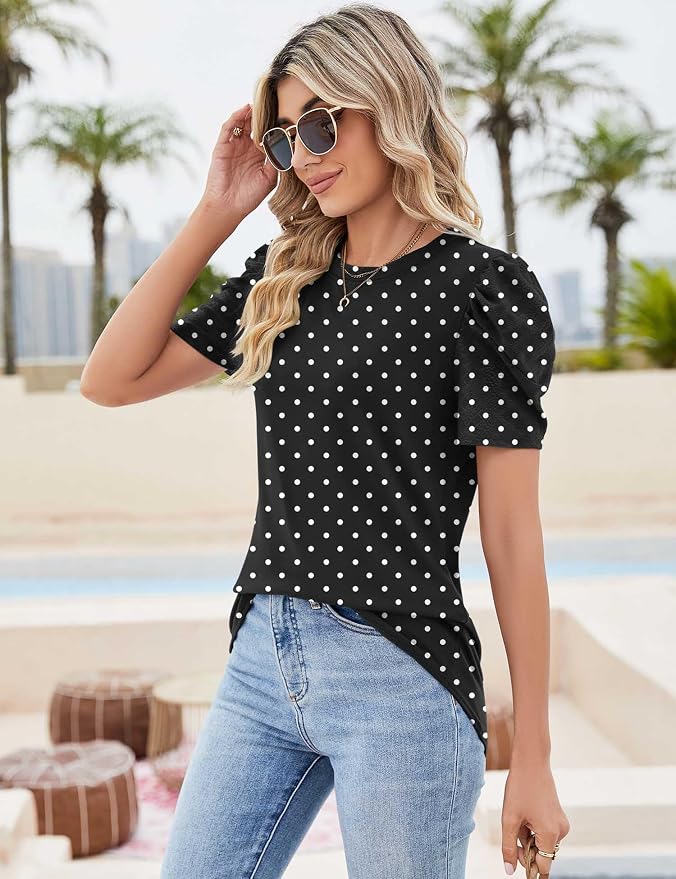 Ivicoer Puff Short Sleeve Shirt for Women Eyelet Tops Summer Crewneck Blouse Loose Fit S-XXL
