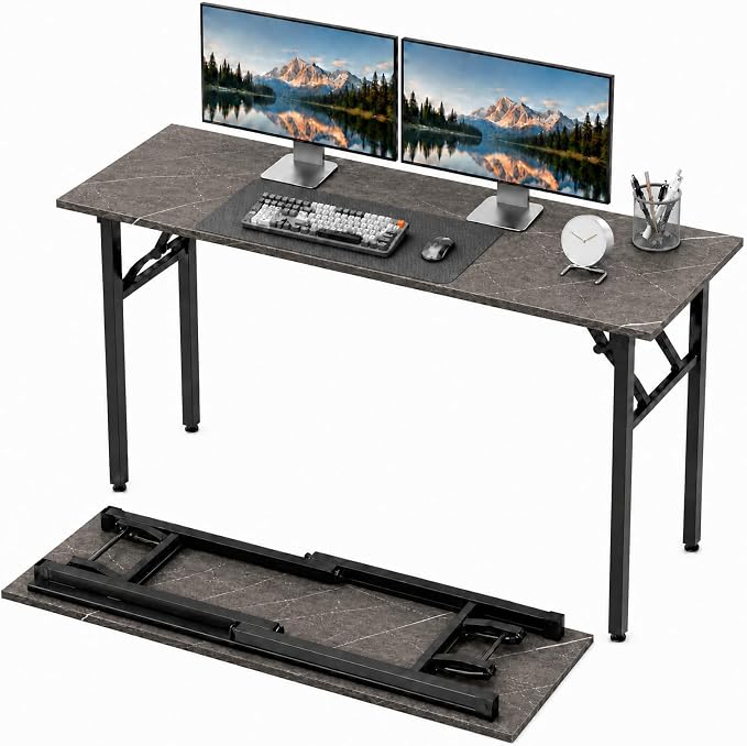 Folding Table Computer Desk - 55.1" No Assembly Folding Desk Design and Foldable Office Desk, Small Desk for Bedroom, Compact Storage Portable Use for Dorm and RV Small Space, Marble Greige