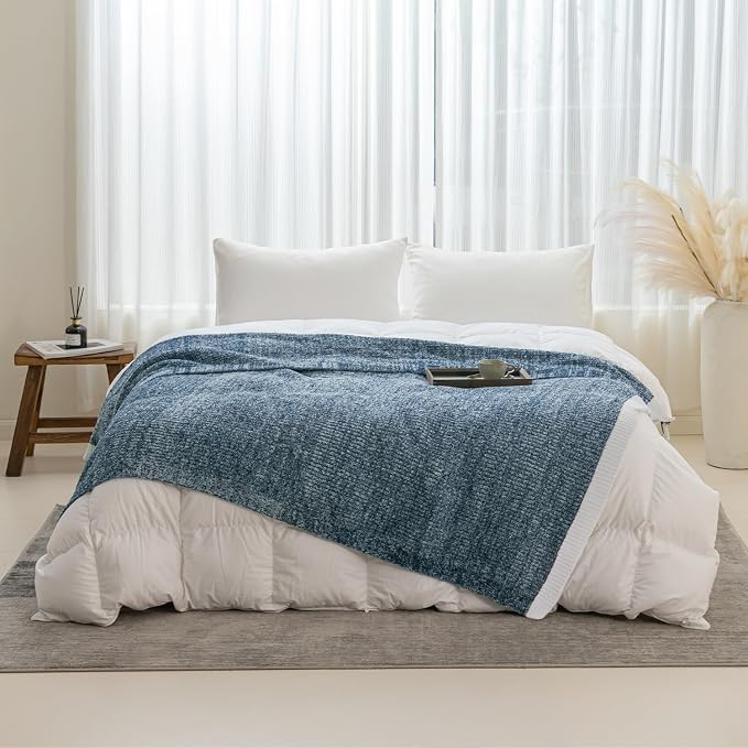 MH MYLUNE HOME Ultra Soft Ribbed Throw Blanket Plush, Blue, 50"x60" | Reversible Fleece Throw Blanket, Comfy Fluffy Fuzzy Plush Blanket Throws for Couch Sofa Bed, Cozy Blankets for Women Gift