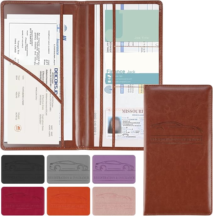 JUSTTOP 1Pack Car Registration and Insurance Holder,Car Document Holder for Cards License with Magnetic Shut,Vehicle Glove Box Car Organizer for Documents, Cards, License(Brown)