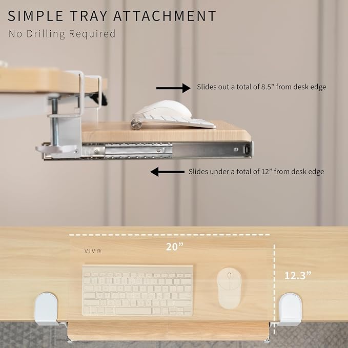 VIVO Small Clamp-on Computer Keyboard and Mouse Under Desk Slider Tray, 20 x 11 inch Pull Out Platform Drawer, Light Wood, MOUNT-KB05ES-A | Keyboard Tray for Typing, Slide Out Platform, Extra Sturdy C-Clamp Mount System, Computer Drawer, White Frame