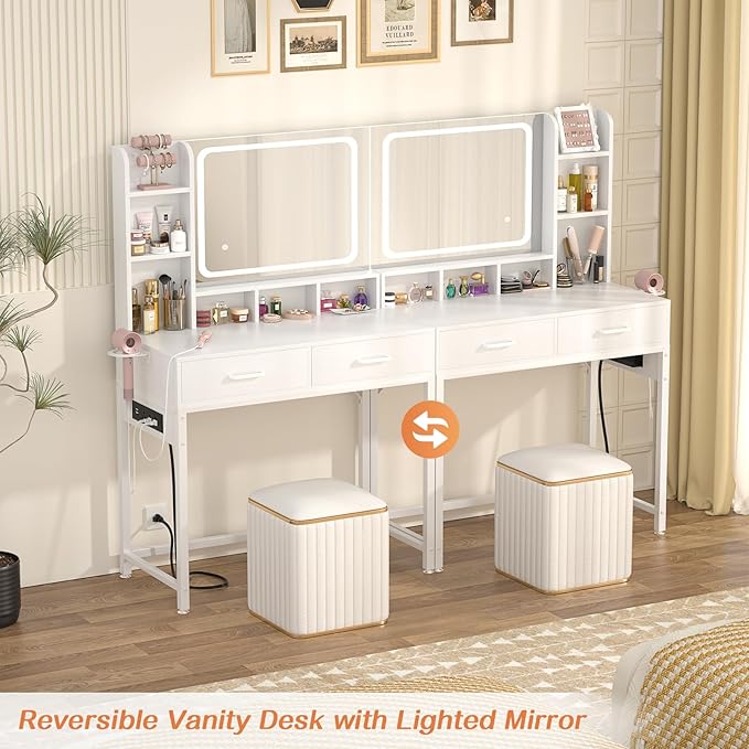 Small Vanity Desk, Vanity Desk with Mirror and Lights, Makeup Vanity Desks with Power Strip, Vanity Table with Drawers and Shelves, Adjustable Lighting, Dressing Table for Bedroom Dressing Room, White