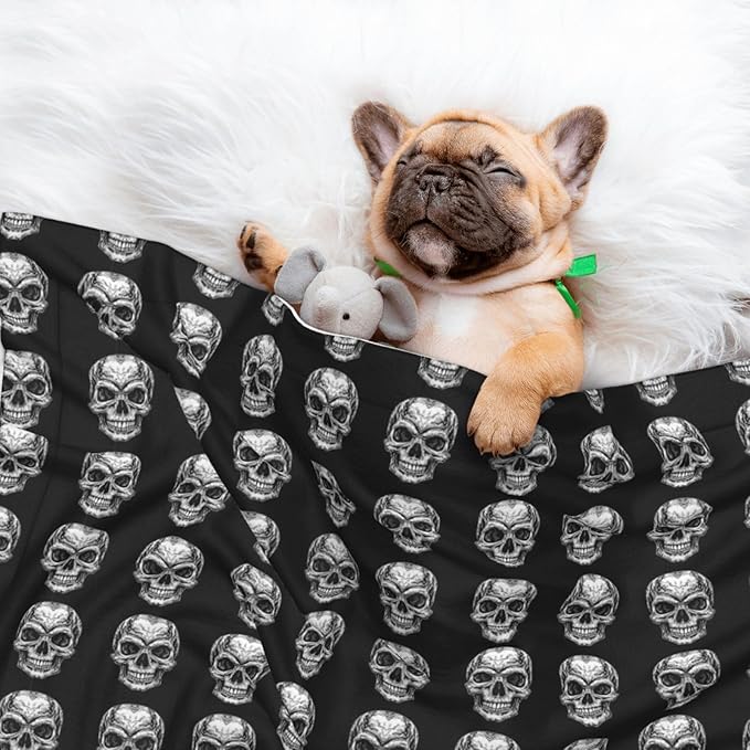Reversible Pet Blanket for Easy Cleaning Maintenance, Black Skull Head, Double Sided Plush Dot Design Means Double Use Between Washes for Convenience