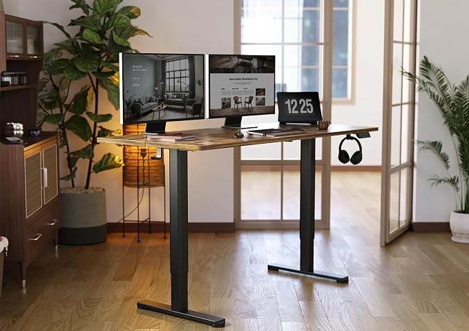 YDN 55 x 24 Inch Vintage Brown Electric Standing Desk | Adjustable Height, Sit Stand, Cable Management, Ergonomic, Home Office