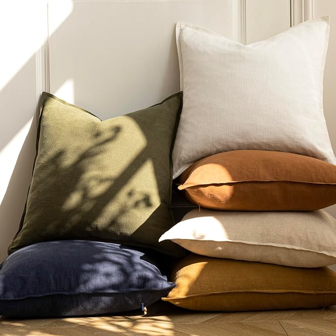 Foindtower Pack of 2, Decorative Linen Solid Throw Pillow Covers Soft Accent Cushion Case Boho Farmhouse Neutral Pillowcase for Chair Couch Sofa Bedroom Living Room Home Decor 16 x 16 Inch Cream White