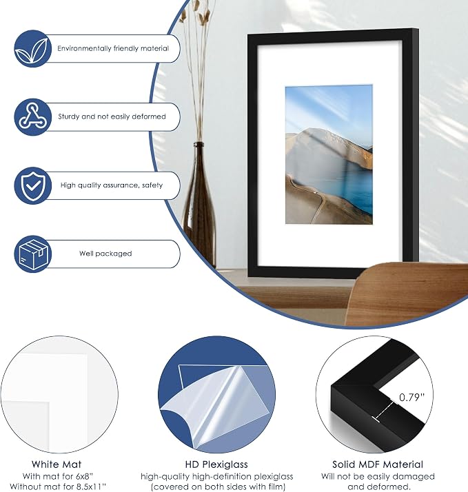 6x9 Picture Frame Set of 6, Wall or Tabletop Display, Black | Display Pictures 4x6 with Mat or 6x9 Without Mat, Horizontal or Vertical, Gallery Wall Frame Set, Wedding Birthday Gifts