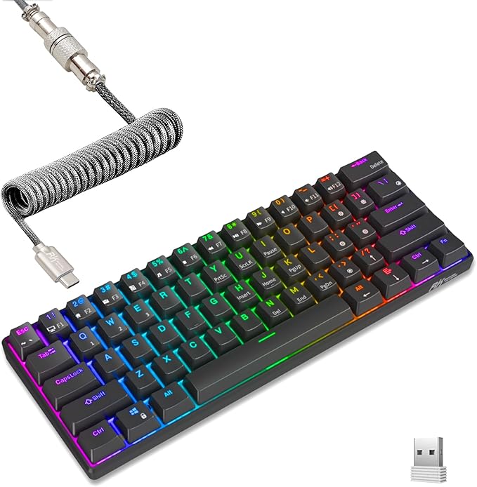 RK ROYAL KLUDGE RK61 60% Wireless Mechanical Keyboard w/Coiled Cable, Black | RGB Gaming Keyboard with Bluetooth/2.4G/Wired, Hot Swappable 61 Keys Ultra-Compact for Win/Mac/PC Game, Tactile Brown Switch
