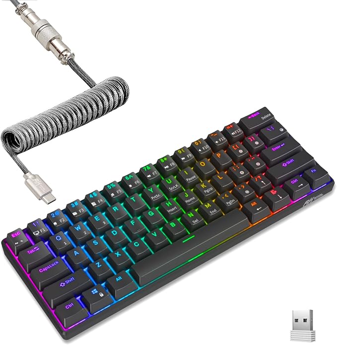 RK ROYAL KLUDGE RK61 Wireless Mechanical Keyboard, 60% Percent RGB, Black | Bluetooth/2.4GHz/Wired Hot Swappable PC Gaming Keyboard, 61 Keys Ultra-Compact for Win/Mac, Coiled Cable, Clicky Blue Switch