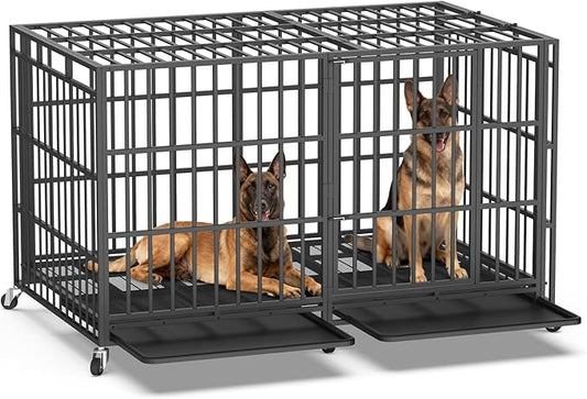 78 Inch Heavy Duty Dog Crate, Indestructible Escape-Proof Dog Kennel for High Anxiety Large Dogs, Strong Metal Pet Cage with Double Doors, Lockable Wheels & Removable Tray, XL XXL XXXL