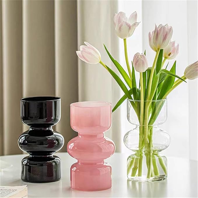 JSPYFITS Glass Hydroponic Flower Vase, 7 Inches Colored Glassbubble Vases for Flowers, Three-Layer Glass Funky Vase for Home/Office/Weddings/Party Table Flower Decor (Pink)