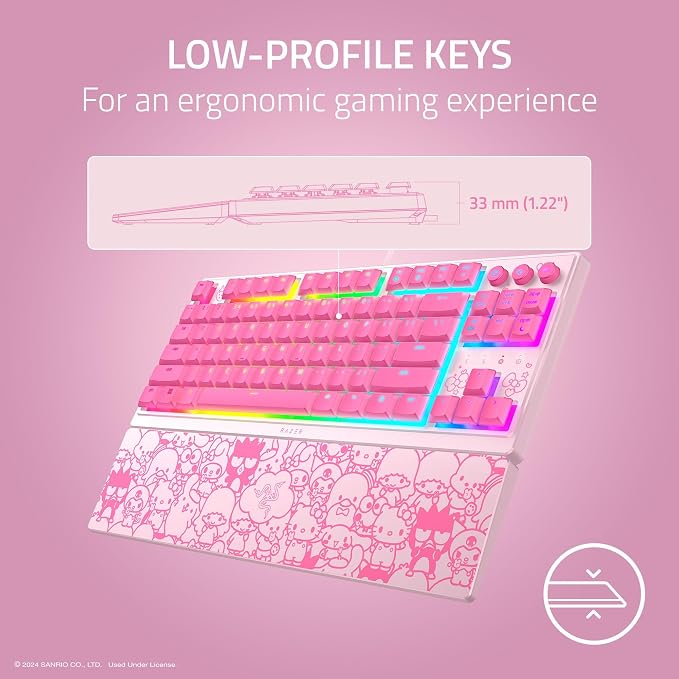 Razer Ornata V3 TKL Gaming Keyboard, Hello Kitty & Friends Edition | Low-Profile Keys, Mecha-Membrane Switches, UV-Coated Keycaps, Backlit Media Keys, 8-Zone RGB Lighting, Magnetic Wrist Wrest