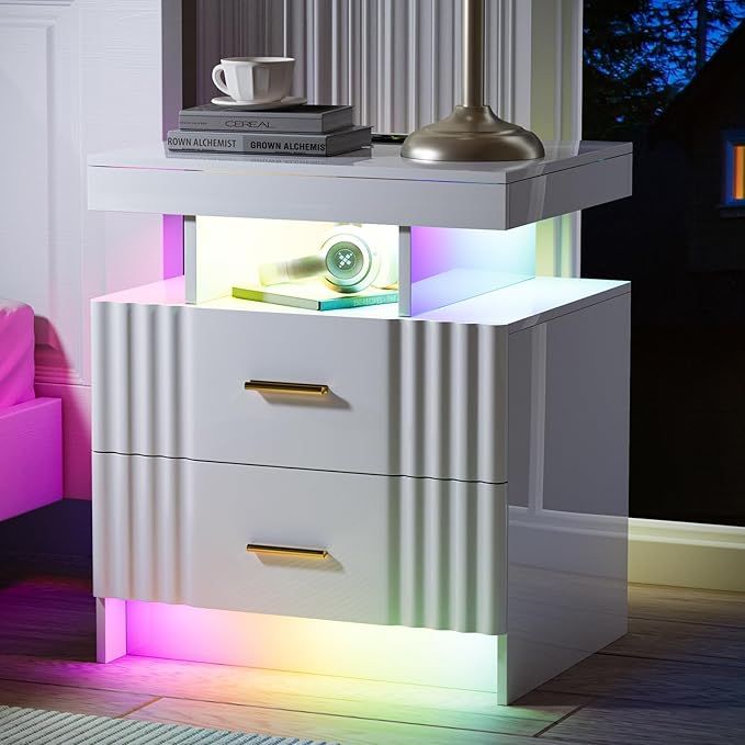 Nightstand with Wireless Charging Station,Set of 2 Bedroom Bedside Table with RGB Lights, Smart Night Stand with 2 Drawers, Bedside Tables Modern Bedside Table for Bedroom, Living Room(White)