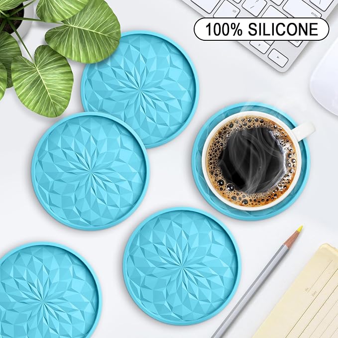 ME.FAN Silicone Coasters with Holder,[6 Pack] Drinking Coasters - Cup Mat for Hot or Cold Drinks, Thickened, Non-Slip, Non-stick,Deep Tray Sky Blue