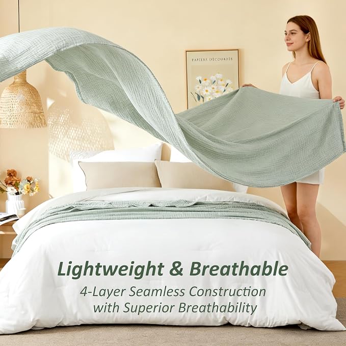 EMME Cotton Muslin King Blanket Bed Layering Bedspread Coverlet Breathable Gauze Soft Lightweight (Heather Sage Green, 108"x90")