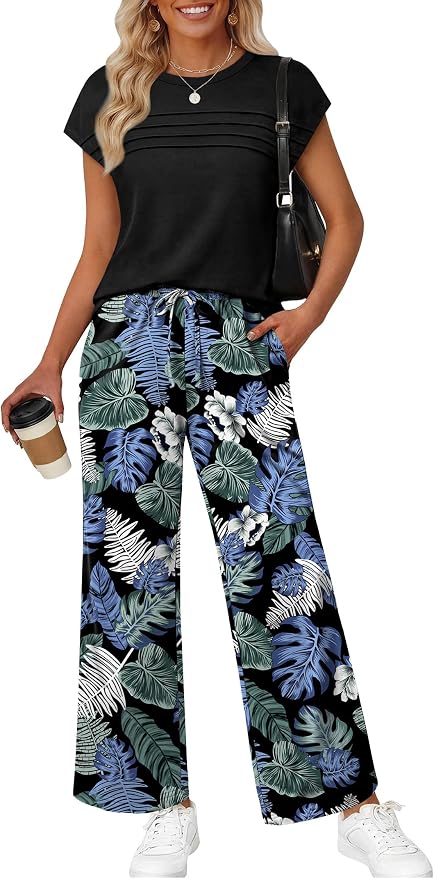WIHOLL Two Piece Set for Women Summer Spring Outfits Matching Sets Women Clothing Airport Travel Vacation Wide Leg Pants