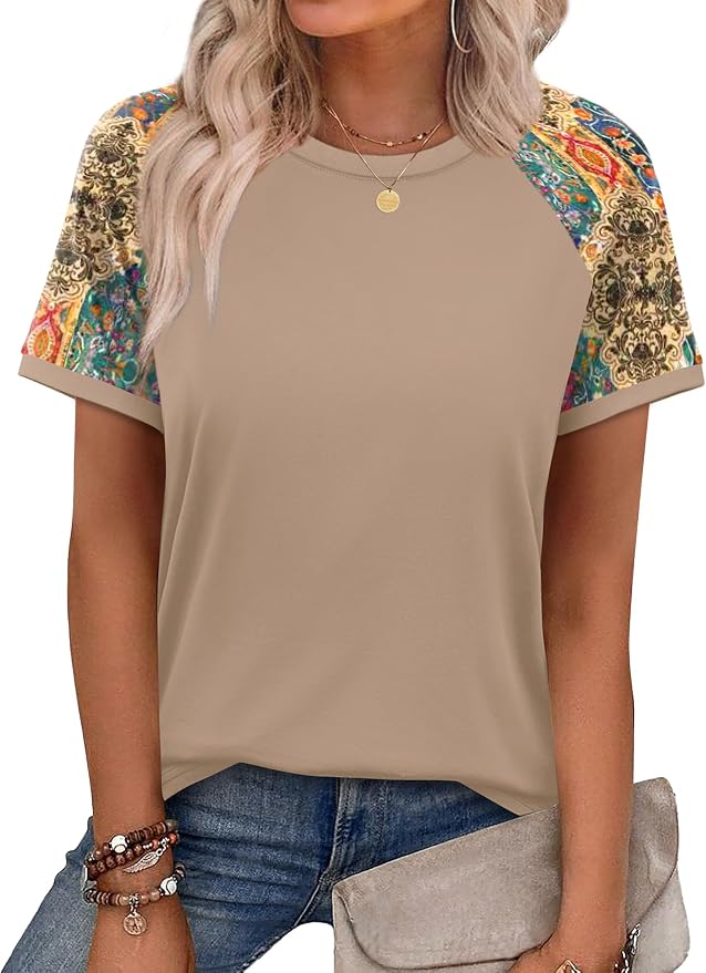 WIHOLL Womens Summer Tops Color Block Short Sleeve Raglan Shirts Spring Fashion Clothes Vacation Outfits