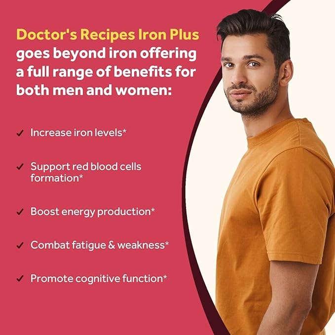 Doctor's Recipes Iron Supplement for Women Men - Gentle Iron Bisglycinate with Vitamin C, B6, Folate & B12 - Non-Constipating & Stomach Friendly Iron Pills for Blood & Energy Support, 120 Vegan Caps