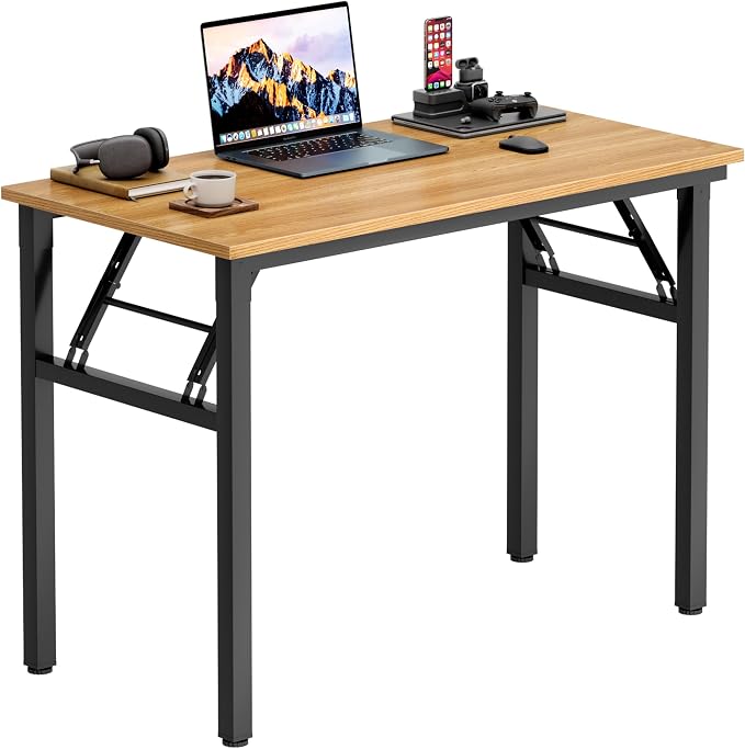 Need Office Computer Desk 35.8 Inch Sturdy Folding Laptop Table Teak | Black Frame Writing Gaming Work Table/Foldable Home Office Desk/Sewing Table, No Assembly Required