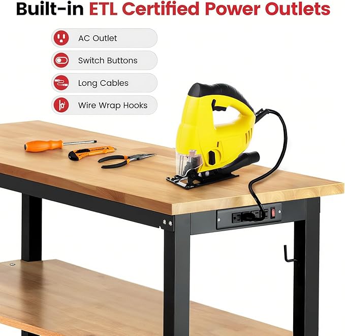 ENJOYWOOD 60" x 22" Heavy Duty Workbench Adjustable Height Garage Work Table with Solid Rubberwood Top, Pegboard & Power Outlets for Workshop, Home & Office