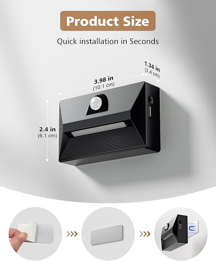 NIORSUN Motion Sensor Night Light, Rechargeable Stair Lights Indoor, 3 Colors and Motion Modes 2000mAh Battery Night Light with Light Sensor for Stairway, Hallway, Bathroom, Kitchen Black 6 Pack