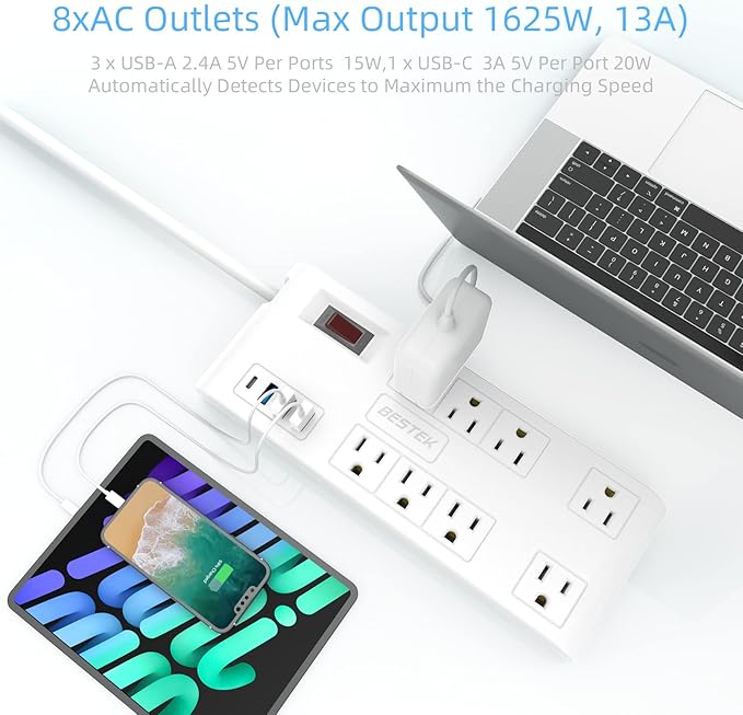 BESTEK 8 AC Outlet, 12 Feet Extension Cord Power Strip with 3 USB-A 2.4A 1USB-C 3A, MAX Output 1625W 13A, 600Joule, Ultra-Compact Wide Spaced Outlet for Large Plug