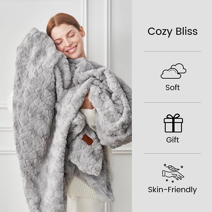 Cozy Bliss Faux Fur Throw Blanket for Couch, Fuzzy Soft Plush Thick Warm Fluffy Reversible Wave Textured Blanket for Sofa Bedroom Living Room, 55 * 70 Inches Grey