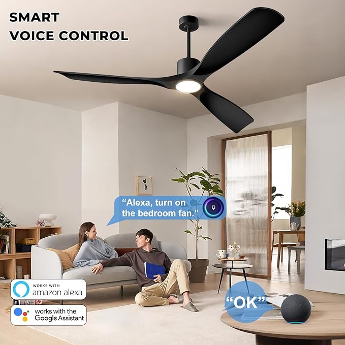 Modern Smart Ceiling Fan with Light and Remote Control, 52 inch Black 3 Blade for Bedroom, Living Room and Patios