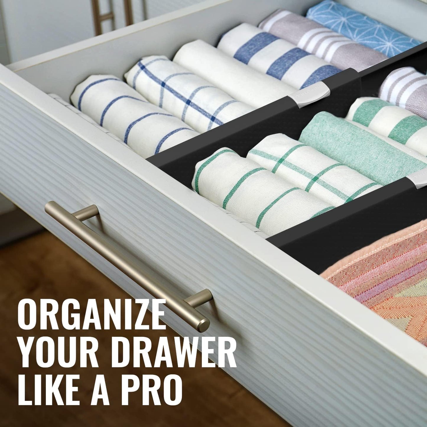 RAPTUROUS Adjustable Drawer Dividers 8 Pack, 4” High, 11-17” Long, Dresser Drawer Organizer for Bedroom, Closet, Kitchen, Nursery, Office, Strong Hold, Soft Foam Edges, Black