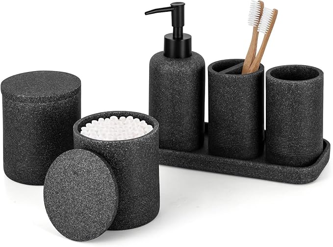 ZCCZ Black Stone Bathroom Accessories Set 6 Pieces - Toothbrush Holder, Lotion Dispenser, Qtip Container, Vanity Tray, Tumbler - Countertop Organizer for Bathrooms - Elegant and Functional Décor Set