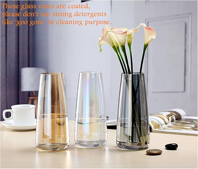 FANTESTICRYAN Modern Glass Vase, 8.7''H Decor Flower Vases, Crystal Grey | Crystal Black Colored Vase Fresh/Faux Floral Vases, For Home Office Table Centerpiece Decor Housewarming Gift for Lover