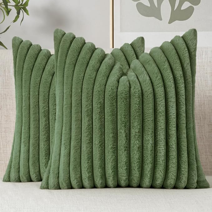 MIULEE Faux Fur Decorative Euro Sham Pillow Covers 24x24 Moss Green 2 Pack | Modern Soft Plush Couch Pillows, Cozy Fluffy Cushion Covers for Sofa Bed Living Room Home Decor