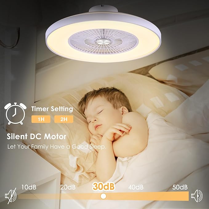 24" Bladeless Ceiling Fans with Lights and Remote/APP Control, Low Profile Ceiling Fan with 3-Dimmable Lights, Enclosed Flush Mount Ceiling Fan for Kid's Bedroom/Living Room