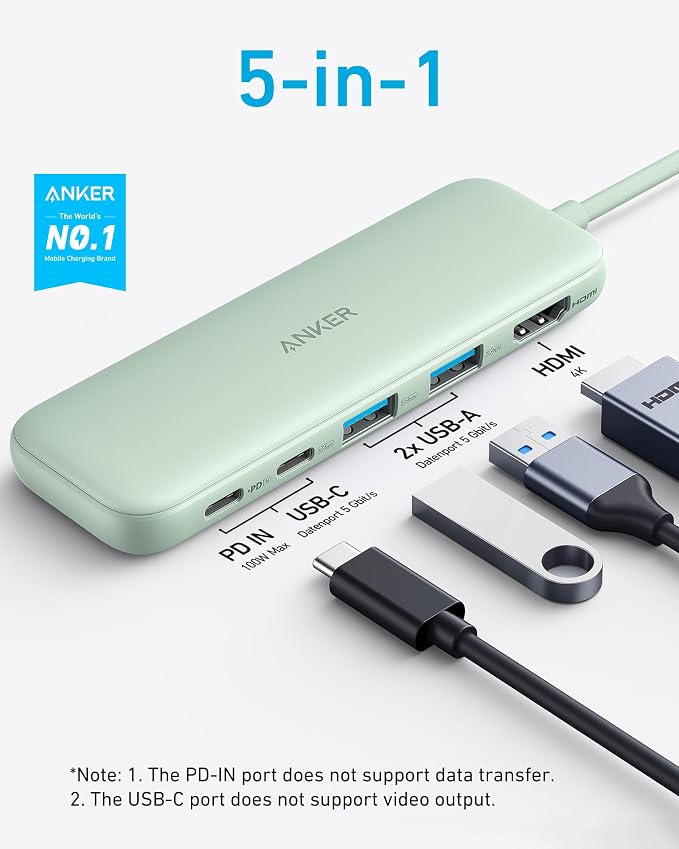 Anker USB C Hub, 5-in-1 USBC to HDMI Splitter with 4K Display | 85W Max PD, 1 Powered USB-C 5Gbps & 2 Powered USB-A 3.0 5Gbps Data Ports, for MacBook Pro, MacBook Air, Dell and More (Green)