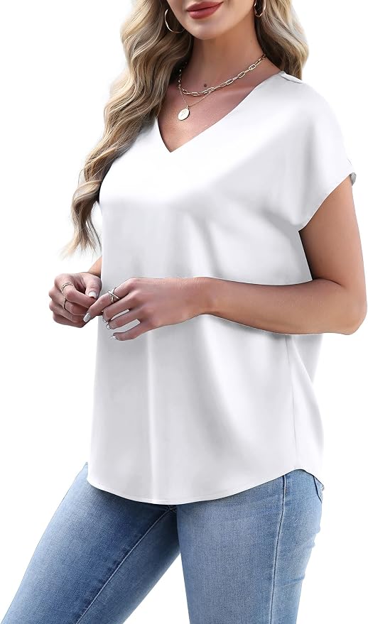 WIHOLL Womens Satin Summer Tops Cap Short Sleeve Blouses V Neck Shirts Business Casual Outfits Fashion Clothing 2026