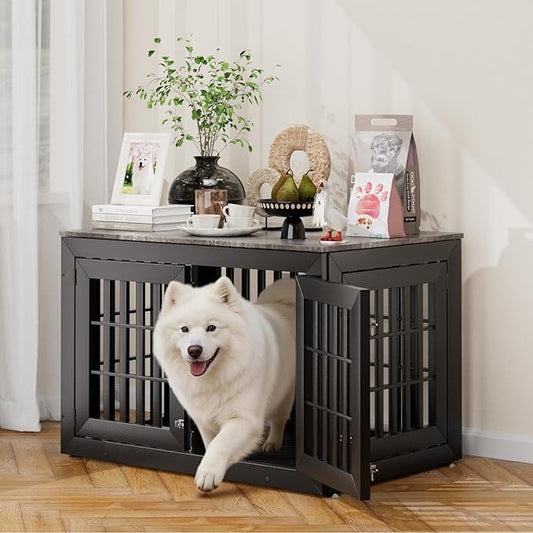 42" Heavy Duty Dog Crate Furniture for Small,Medium and Large Dogs,Rustic Wooden Dog Cage Kennel Indoor Furniture with Waterproof Top,Decorative Pet House Side End Table (Black & Grey)