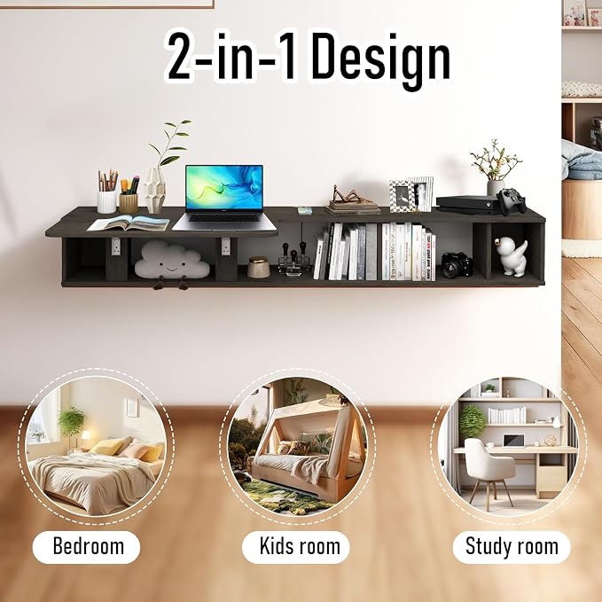 Pmnianhua 63'' Floating Desk with Storage Shelves,Wall Mounted Desk Laptop Computer Writing Study Table for Bedroom Small Space(Dark Grey)