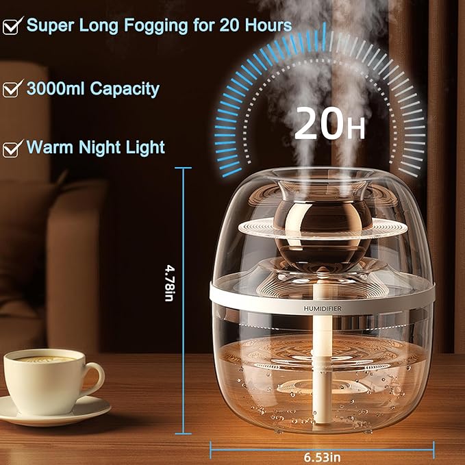 JINGYAN 3L Ultrasonic Cool Mist Humidifier - Transparent Tank, Easy to Clean, Dual Spray for 20H Quiet Mist Time, Night Light, Auto Shut-Off for Large Bedroom, Office, Plant Care (Pink)