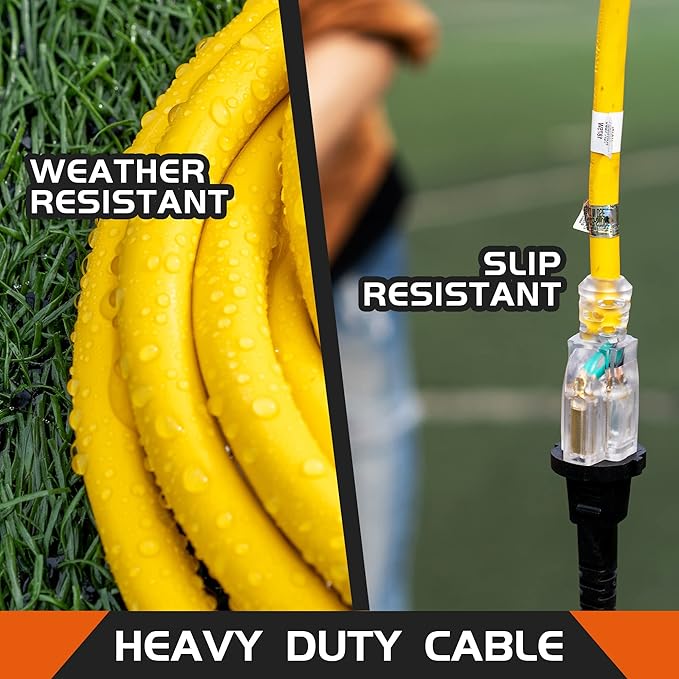 Extension Cord Weatherproof with Lighted End, UL Listed, 12 Gauge 3FT Yellow 3 Prong Heavy Duty, 12/3 SJTW 15A Power Cord for Lights, Lawn