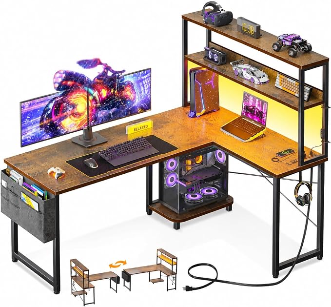 ODK 53" L Shaped Gaming Desk with Shelves, LED & Outlets, Vintage | Headset hook. Storage bag. Shelves for stationery & accessories. LED for late-night gaming. Reversible. Fits dual monitors.