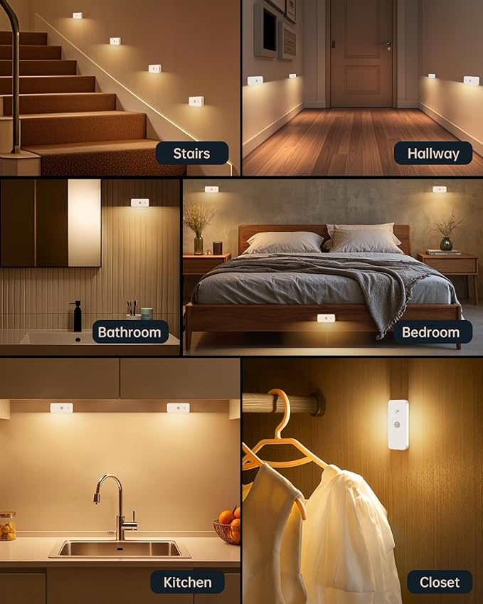 Yiliaw Motion Sensor Night Lights Indoor - Rechargeable Stick-On Stair Lights with Wireless Magnetic Mount, Adjustable Brightness & 3 Color Temps for Hallway, Stairway, Bathroom, Closet (6-Pack)