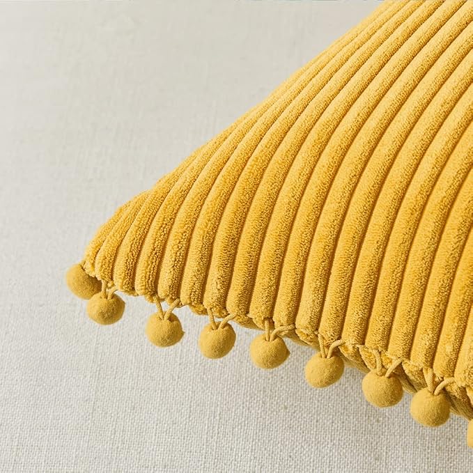 Fancy Homi Pack of 2 Mustard Yellow Decorative Throw Pillow Covers 16x16 Inch with Pom-poms for Living Room Couch Bedroom, Soft Corduroy Fall Solid Square Cushion Case 40x40 cm, Boho Home Decor
