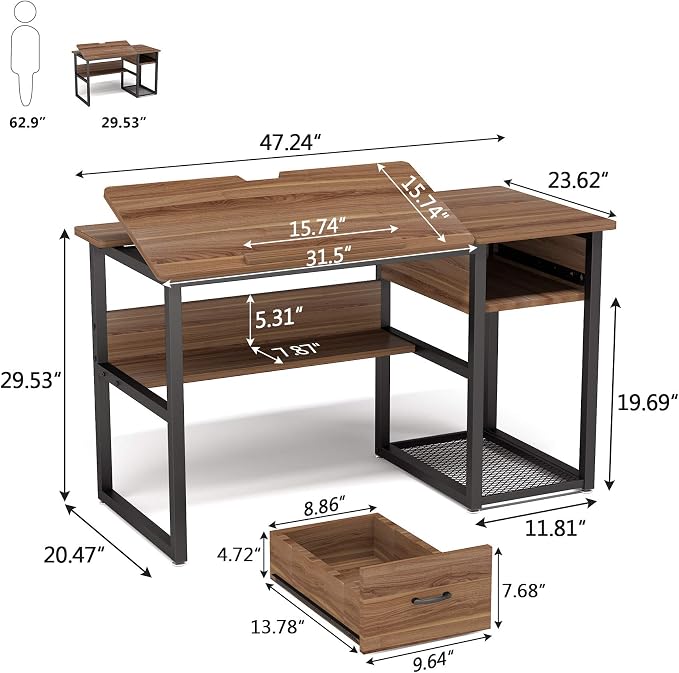 Tribesigns Drafting Table with Storage Drawers, Drawing Computer Desk Artist Craft Table Painting Desk Workstation with Shelves and Tiltable Tabletop for Students, Home Office