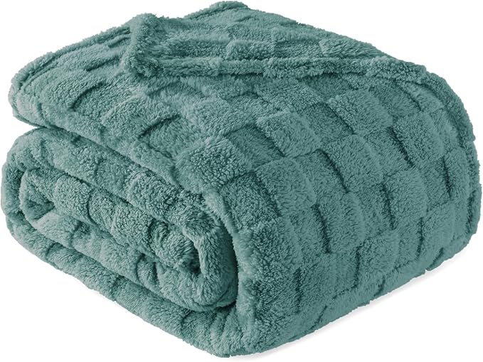 Exclusivo Mezcla 3D Checkered Fleece Twin Blanket for Bed, Celadon | Super Soft and Cozy Fluffy Bed Blanket, Cute Fuzzy Blanket for Teens Back to School, Dorm Essentials, All Season, 60"x80"