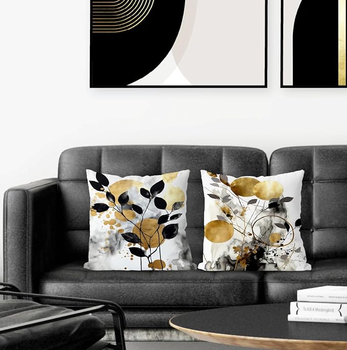 Black and Gold Botanical Pillow Covers 18x18 Set of 2, Abstract Modern Decorative Throw Pillow Covers for Living Room Bedroom, Modern Home Decor, Black and Gold Bedroom Living Room Decor