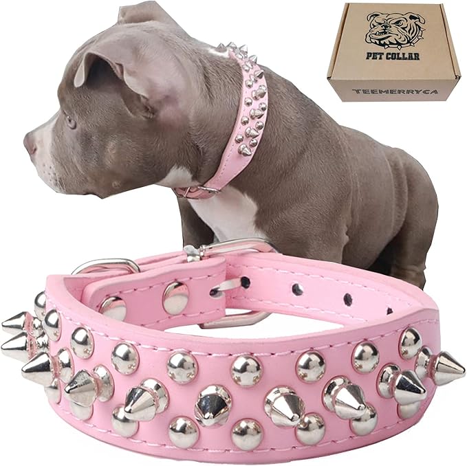 TEEMERRYCA Adjustable Leather Spiked Studded Dog Collars with a Squeak Ball Gift for Small Medium Large Pets Like Cats/Pit Bull/Bulldog/Pugs/Husky, Pink, M(12"-15")
