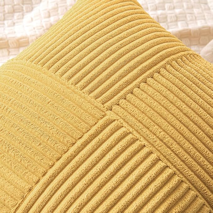 MIULEE Golden Mustard Decorative Throw Pillow Covers for Couch 18x18 Inch | 2 Pack, Boho Farmhouse Pillow Covers, Soft Cross Corduroy Patchwork Textured Cushion Cases For Bed Sofa