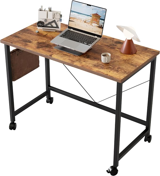 Mericonia 32x16 Inch Computer Desk with Wheels, Small Simple Rolling Desk | Writing Table for Home Office Bedroom Work Study, Brown