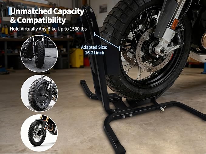 Garvee Universal Wheel Chock & Motorcycle Stand Heavy Duty 1500Lb Capacity Adjustable Motorcycle Wheel Chock 16''-21'' for Trailers, Cruiser, Sport and Dirt Bikes (Black/for Wheel 16''-21'')